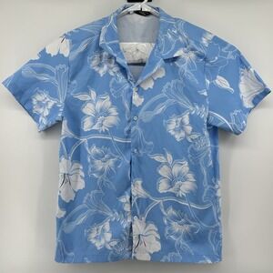 South Pole Short Sleeve Polyester Button Down Floral Shirt Blue White Size Large